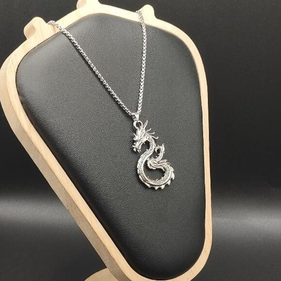 Stainless Chinese Dragon Necklace Box Chain Vintage Zodiac Eastern Birthday Gift